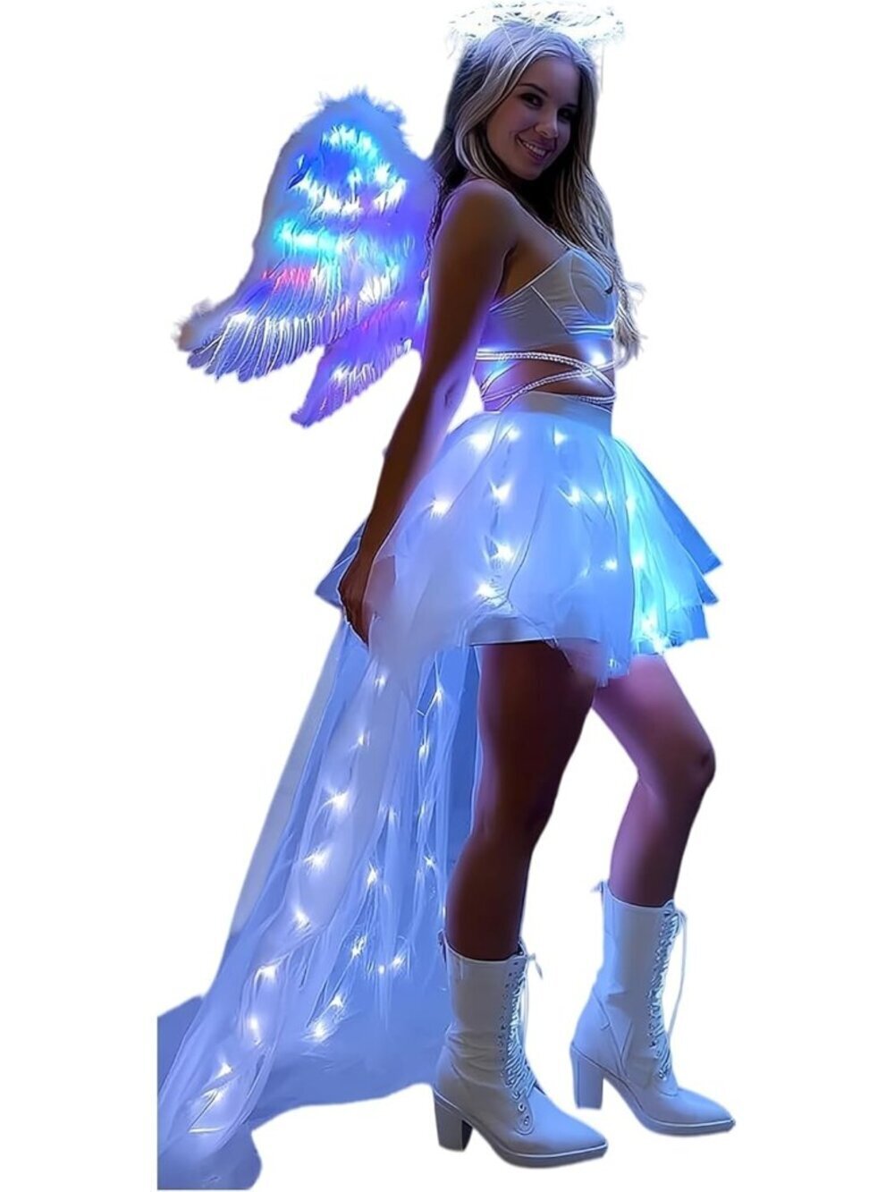 Women's White Tulle Tutu Adult A Line Rave Outfit Led Light Up Costumes Skirts